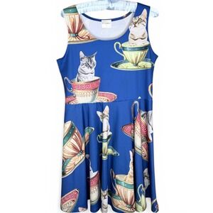 CowCow Womens XL Blue Cats in Teacups Skater Dress Sleeveless Fit Flare Novelty